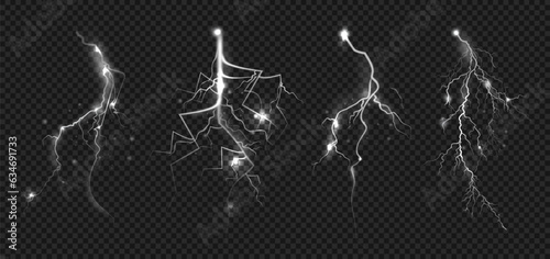 Thunderbolts with electric discharge, realistic illustration collection. Isolated lightning effect, glowing thunderstorm spark with voltage. Bright flare, nature weather conditions