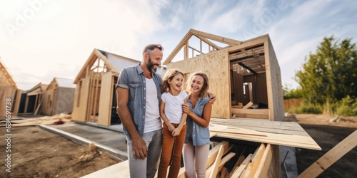Happy family standing in front of their new house.