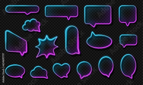 Thought bubble or chat box container with neon effect, realistic illustration collection. Isolated fluorescent sparkling and glowing chat banners and shapes, comments and message balloon