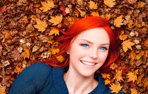 Portrait of a beautiful young redhead woman lying on autumn leaves. Generative AI.