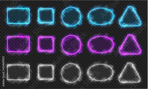 Frames and borders with copy space and neon smoke effect, realistic illustration collection. Isolated empty and blank container, rectangular and squared, triangles and circles with led line