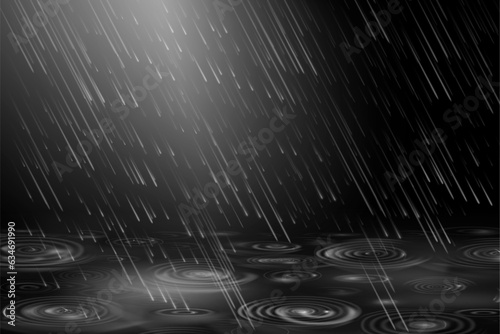 Downpour rainy weather with heavy rain and droplets, realistic illustration. Puddle and moisture, seasonal monsoon or storm with shower and flood. Liquid splashes and drop traces on water background