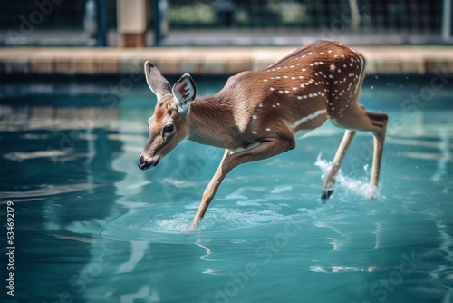 a deer swimming in the pool