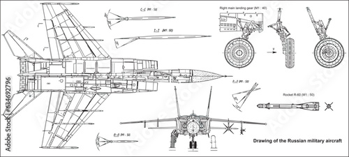 Vector drawing of a russian military aircraft mig.
General view of a war plane fighter bomber.
Top, front views. Landing gear, rocket. Cad scheme. 
