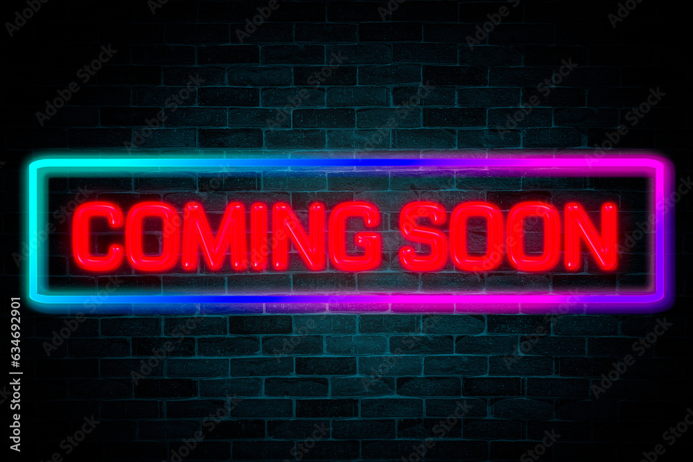 Fototapeta premium Coming Soon neon banner on brick wall background.