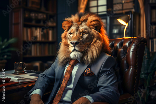 Serious male lion in an expensive formal suit, the king of beasts with mane, the big boss is sitting in a luxurious chair in the office room. Business management concept. Generative AI Technology