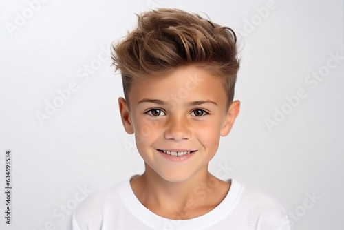 A close-up portrait photo of a charming young boy smiling, showcasing his clean teeth, designed for a dental advertisement. The boy features modern, stylish hair. Isolated on a white background.GenAI