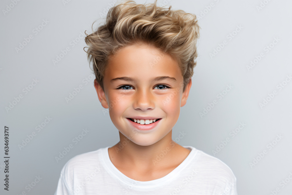 A close-up portrait photo of a charming young boy smiling, showcasing his clean teeth, designed for a dental advertisement. The boy features modern, stylish hair. Isolated on a white background.GenAI A close-up portrait photo of a charming young boy smiling, showcasing his clean teeth, designed for a dental advertisement. The boy features modern, stylish hair. Isolated on a white background.GenAI