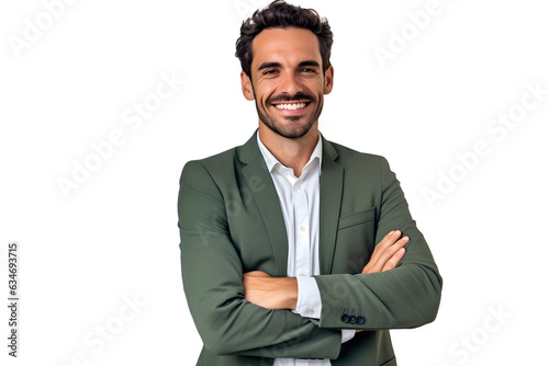 Portrait of smiling businessman with arms crossed isolated in white background. Happy satisfied mature businessman looking at camera