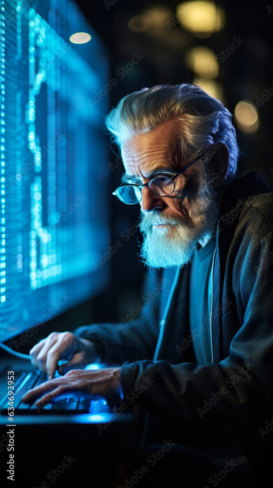 senior man working with laptop or computer in office or cafe, professional adult worker engineer or it specialist, generative ai senior man working with laptop or computer in office or cafe, professional adult worker engineer or it specialist, generative ai