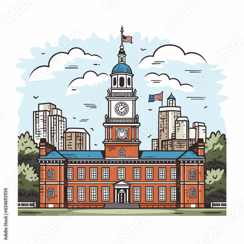 Independence Hall. Independence Hall hand-drawn comic illustration. Vector doodle style cartoon illustration