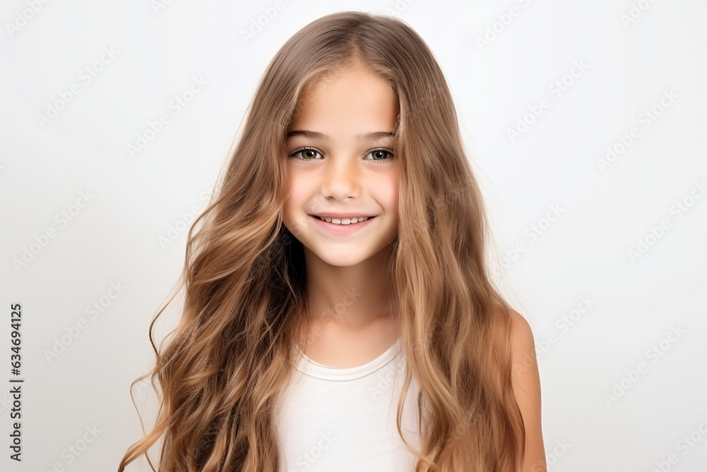 A close-up portrait of an adorable young girl smiling to reveal clean teeth. Designed for a dental advertisement. A teenager with sleek, long hair. Isolated on a white background.

Generative AI.