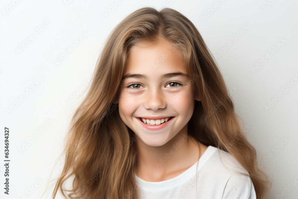 A close-up portrait of an adorable young girl smiling to reveal clean teeth. Designed for a dental advertisement. A teenager with sleek, long hair. Isolated on a white background.

Generative AI.