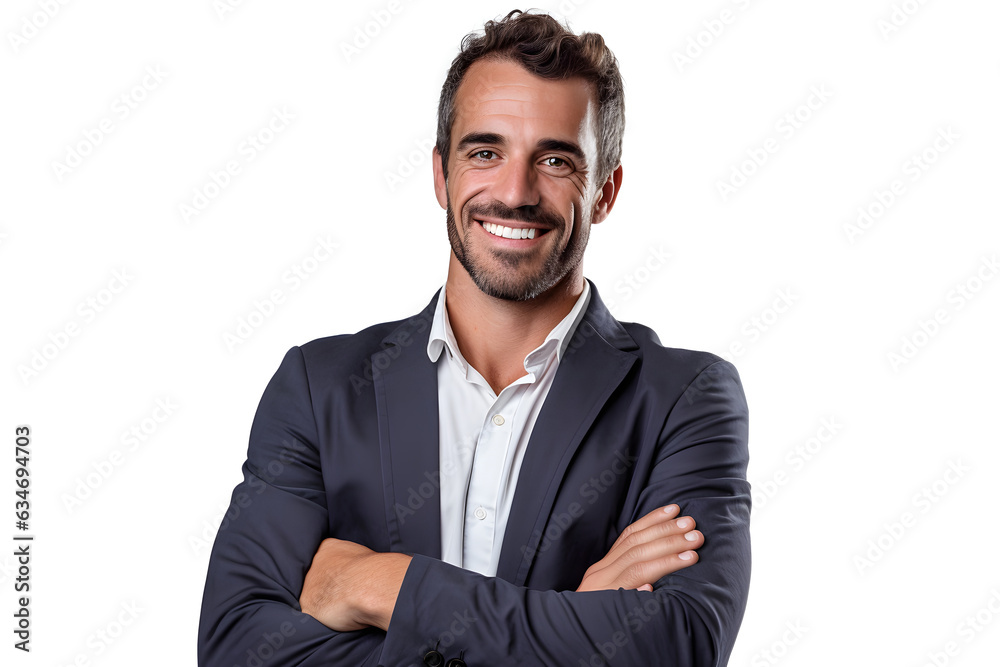 Portrait of smiling businessman with arms crossed isolated in white background. Happy satisfied mature businessman looking at camera Portrait of smiling businessman with arms crossed isolated in white background. Happy satisfied mature businessman looking at camera