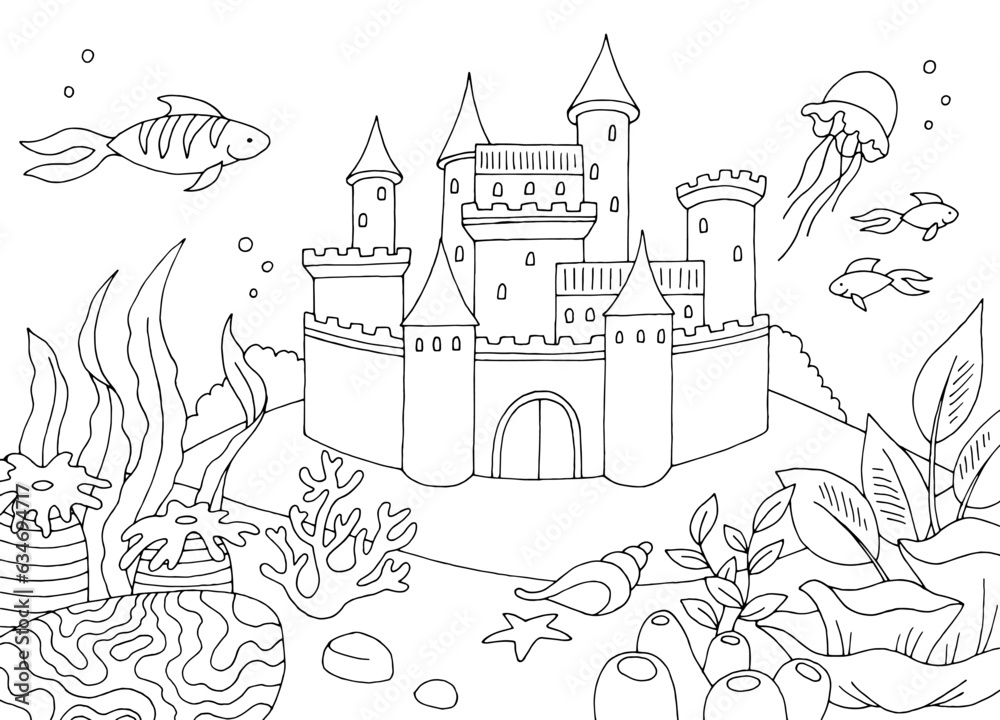 Underwater castle graphic sea black white sketch illustration vector