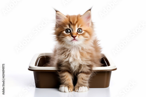 Cute cat in plastic litter box isolated on white, made by ai