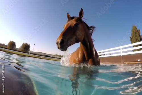 a horse swimming in a pool