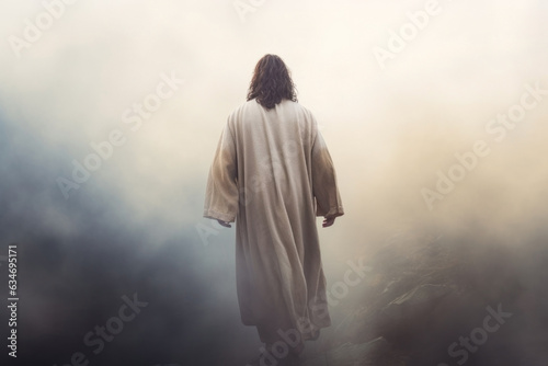 jesus christ with long hair and long white robe. follow me and i will make you fishers of men.  photo