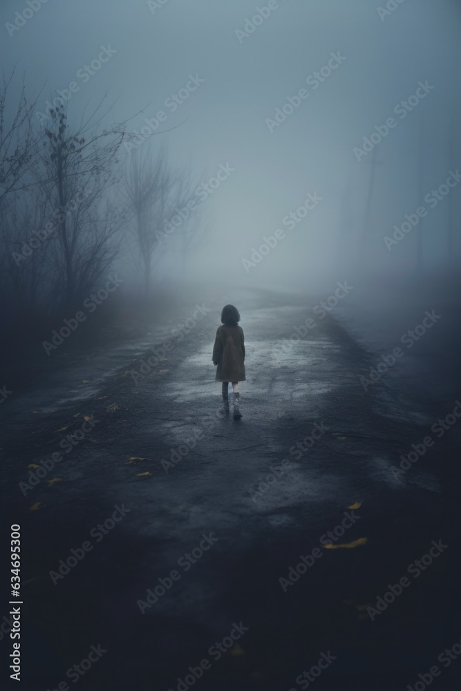 lost young girl walking down a dark foggy road.