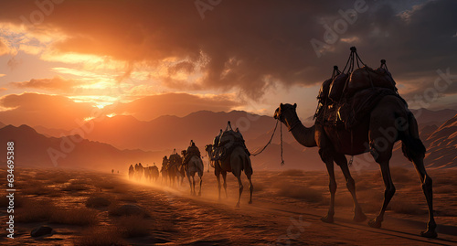 Camels traveling in the middle of the desert with sky in the sunset orange background. © hakule