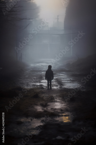 silhouette of a boy lost in a muddy street at night.