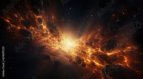A dark space image with bright lights and bright explosion.