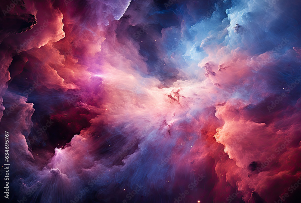 the nebula is shown in a pink color and blue clouds.