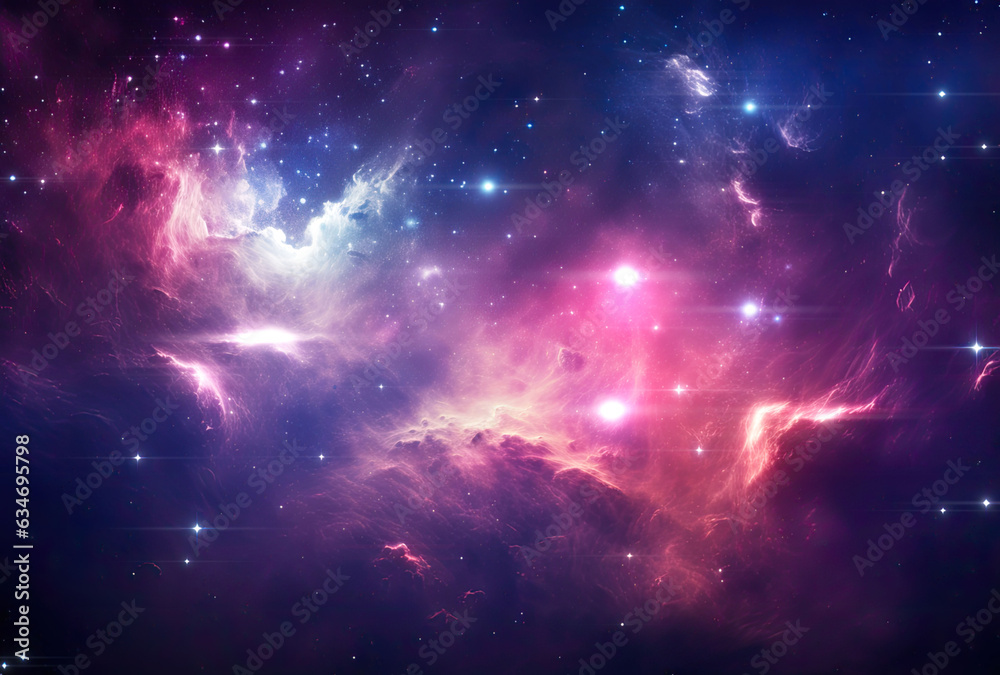 the nebula is shown in a pink color and blue clouds.