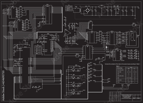 Electrical schematic diagram. Vector large drawing on a black background of a complex electrical circuit of an electronic device. Graduation project. Scheme 1.