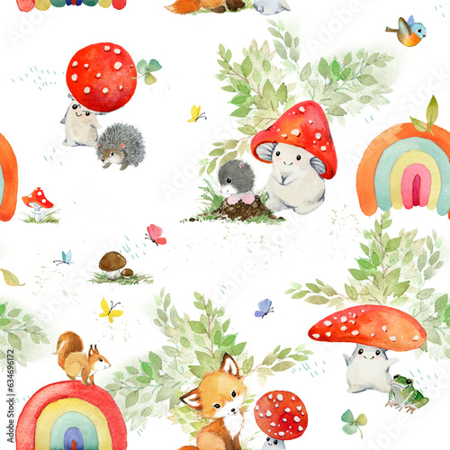 Mushrooms Woodland Animals watercolor forest illustration baby seamless pattern