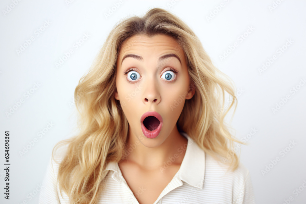A stunning blonde woman displaying an expression of shock and surprise, with her mouth agape and eyes wide open. Isolated on a white background.
Generative AI. A stunning blonde woman displaying an expression of shock and surprise, with her mouth agape and eyes wide open. Isolated on a white background.
Generative AI.