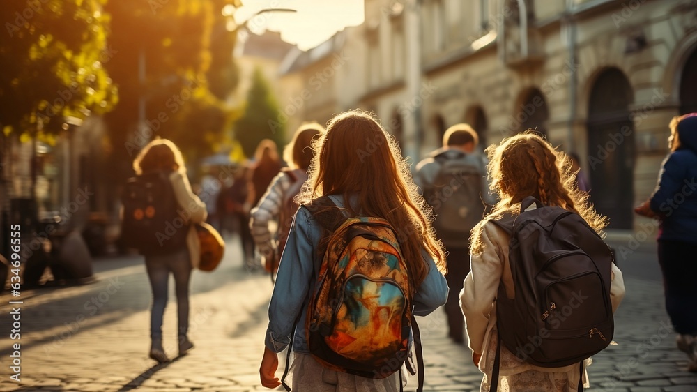 Little schoolgirls with backpacks walk along old city street