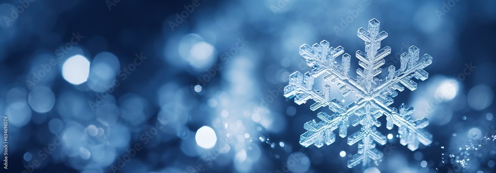 Snowflake macro, blurred background, copy space. Created using generative AI technology. Snowflake macro, blurred background, copy space. Created using generative AI technology.