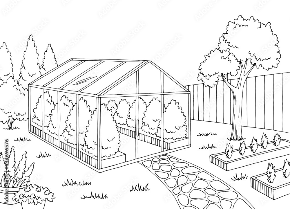 Greenhouse in the garden graphic black white landscape sketch illustration vector