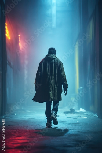 post apocalyptic man walking down a abandoned alley at night. long coat.