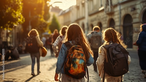 Little schoolgirls with backpacks walk along old city street