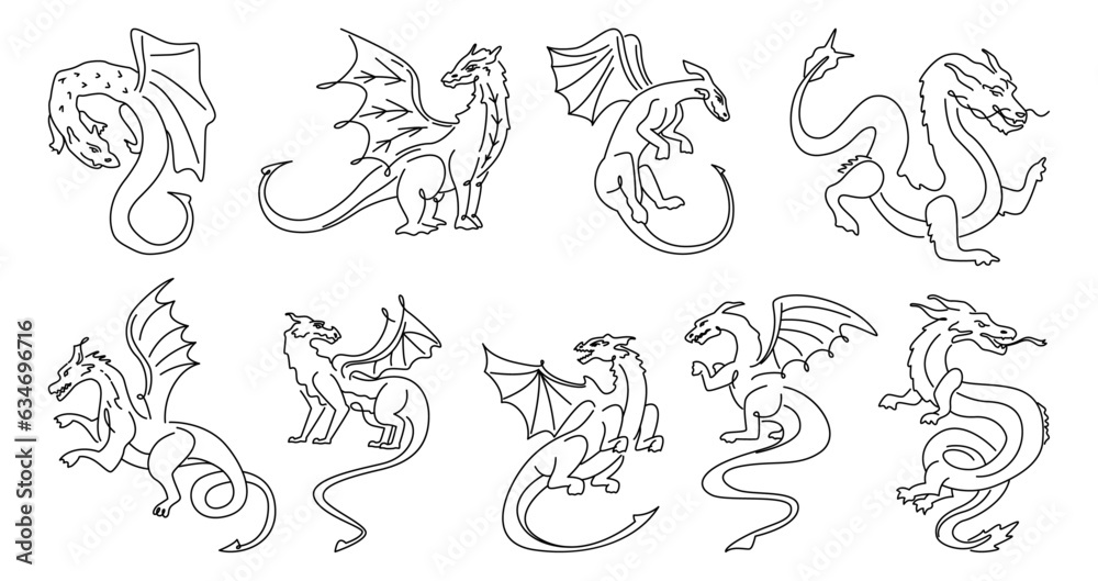Chinese dragon fire breathing animal outline sketch icon, hand drawn ...