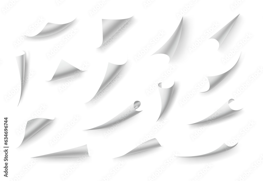 Flipping book effect, page curl or bent edges of notebook, realistic illustration collection. Isolated curved paper corners, folded piece of sheet or brochure. White scroll or turning