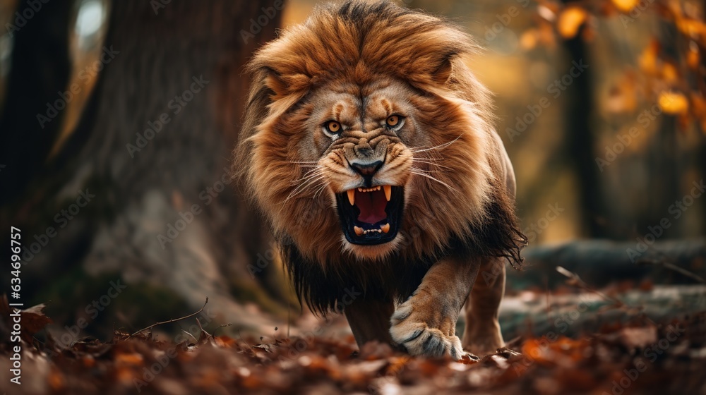 lion angry showing his fangs - obrazy, fototapety, plakaty 