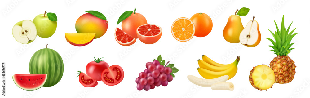 Summer realistic fruits 3D vector illustration set. Apple and mango, grapefruit and orange, pear and watermelon, tomato and grape, banana and pineapple whole and cut healthy vegetarian food Summer realistic fruits 3D vector illustration set. Apple and mango, grapefruit and orange, pear and watermelon, tomato and grape, banana and pineapple whole and cut healthy vegetarian food