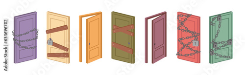 Hard and easy doors, path choice. Closed and open. Flat cartoon doorways to choose from, choosing simple and difficult way, door with chain and lock. Freedom of making choice, vector illustration