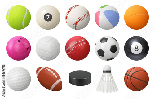 Realistic sport balls and rockets, hockey puck, 3D equipment for football, soccer, baseball, golf and tennis. Vector set illustration of balls for professional sport activities and games