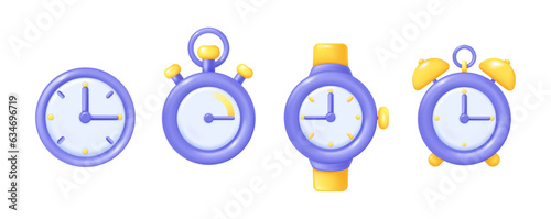 3d illustration of purple twin bell alarm clock, wake up reminder, set of purple watches. Vector time timer, bell watch reminder, creative hours alarm template