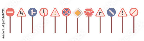 Set of road signs isolated flat cartoon vector illustration. Street traffic symbols, caution and safety sign for highway, warning to stop or change the road, roadside about danger