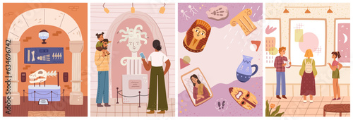 Museum room interior with exhibition and visitors flat cartoon set. Gallery exposition, people in the museum. Modern artwork exhibit. Ancient Egypt monuments, mythical gods and modern arts guide
