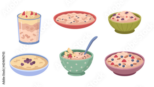 Oatmeal granola porridge with fruits or berries, healthy breakfast. Oat flakes in bowl with nuts and berries with nuts. Nutrition food, grains cartoon vector illustration
