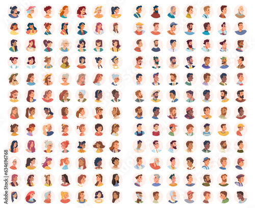 Portrait avatar of teens, kids, men and women and children, middle age people set of user faces. Profile userpics flat cartoon vector illustration. Faces of unknown or anonymous person, collection