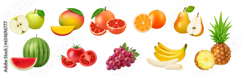 Fototapeta Naklejka Na Ścianę i Meble -  Summer realistic fruits 3D vector illustration set. Apple and mango, grapefruit and orange, pear and watermelon, tomato and grape, banana and pineapple whole and cut healthy vegetarian food