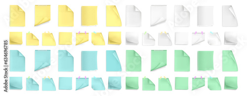 Sticky notes and empty notebook pages, realistic illustration collection. Isolated sheet of paper, clean blanks with curved edges. Flipping and tuning book or scroll, messages memo