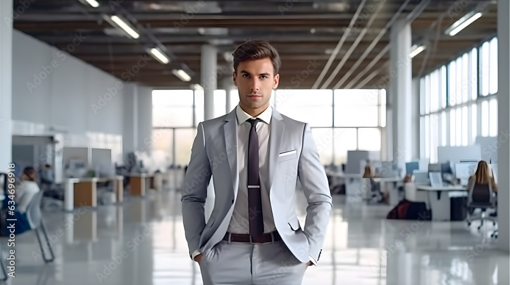Portrait of good looking guy in formal suit looking at camera smiling. Confident handsome businessman in office